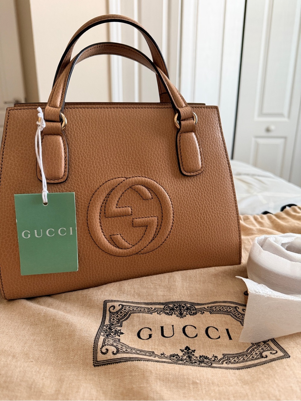 Gucci Soho Cognac Pebbled Leather Satchel with Embossed GG